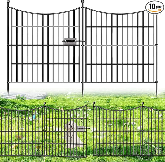 10 Panels Decorative Garden Fence with Gate, 24 in(H) X 20 ft(L) No Dig Dog Fence Animal Barrier Outdoor for Yard, Rustproof Metal Garden Edging and Borders, Temporary Fencing Stakes