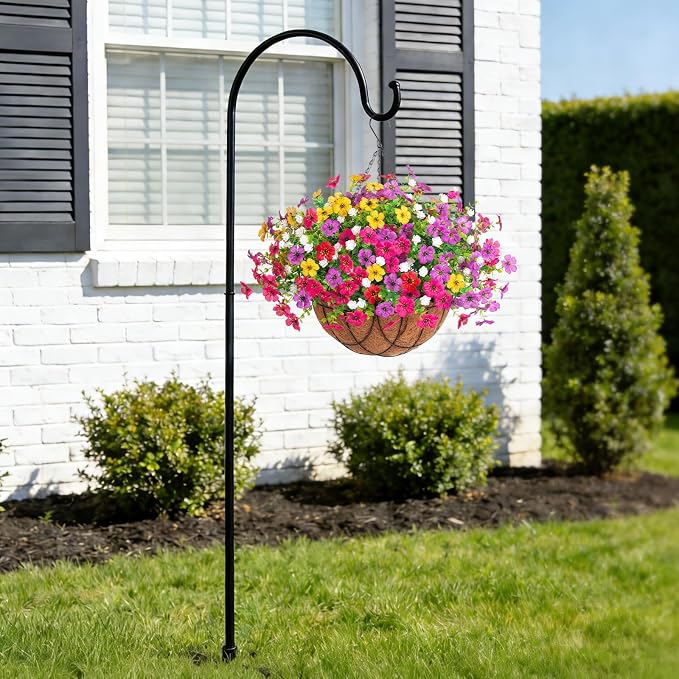 INXUGAO Artificial Silk Flowers Hanging Baskets Outdoors Indoors, Daisy with Eucalyptus Leaves Arrangement for Garden Yard Spring Summer Decor Faux Green Plant Metal Coconut Lining