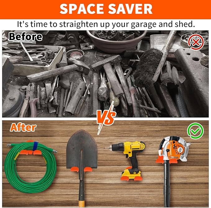 Upgraded Trimmer Rack Wall Mount - 8" Heavy Duty Weed Eater Hanger for Garage Wall, Garden Power Tool Holder Organizer Hooks for Grass Trimmer, Hedge Trimmer, Leaf Blower and Chainsaw, Orange, 1 Pack