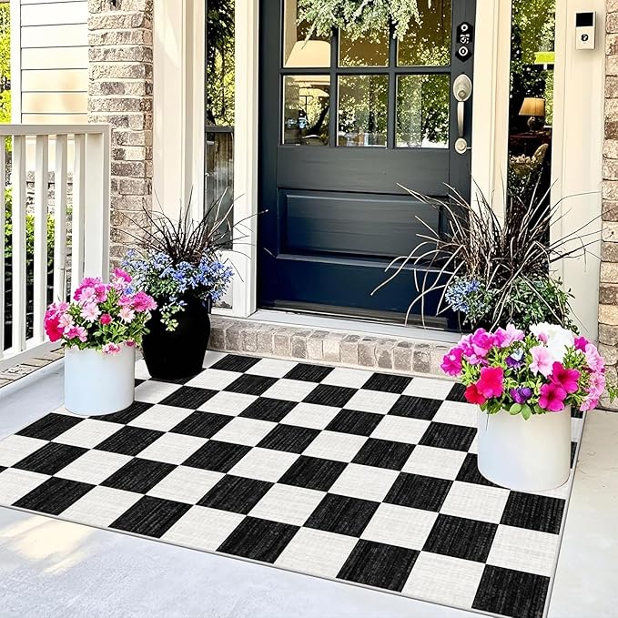Black and White Checkered Entry Rug - 3x5 Ft Non-Slip Washable Indoor Outdoor Front Door Mat Porch Rug Geometric Throw Carpet for Living Room Bedroom Entryway Kitchen Office Porch Decor