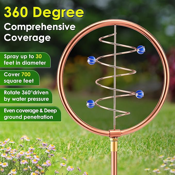 34" H Copper Coated Stainless Steel Ornamental Sprinkler, Corrosion Resistant Garden Rotating Sprinkler 360 Degree Shape Decorative for Lawn Garden Landscape(Wave Circle)
