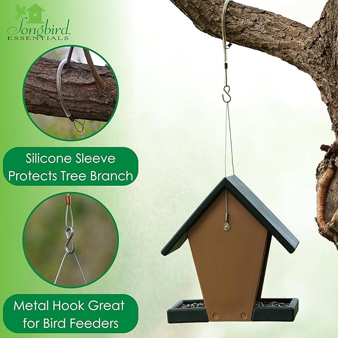 Songbird Essentials Hanging Cable Tree Limb Protector with S Hook - Steel Cable with Silicone Sleeve - Protects Tree Limbs from Heavy Bird Feeders and Decorations - 12 Inch Cable