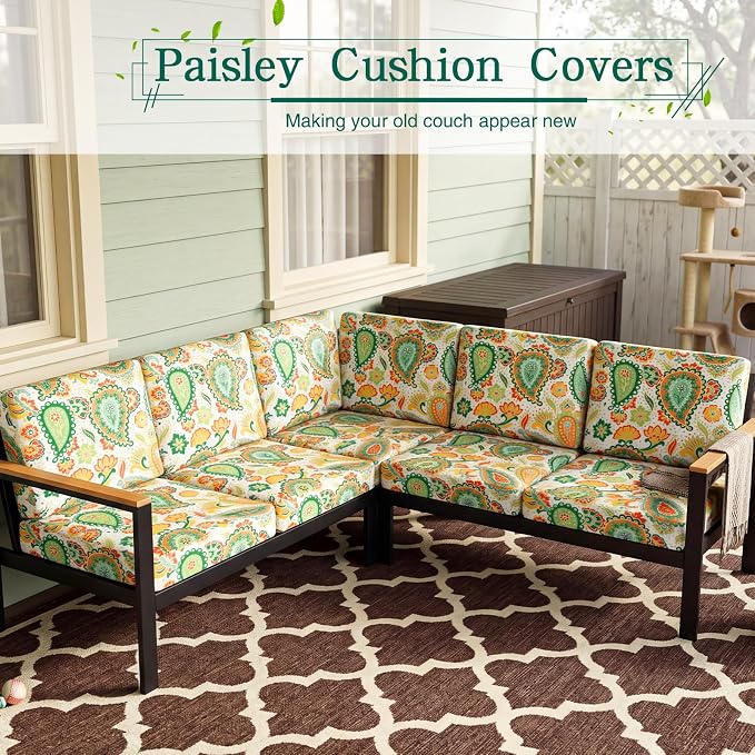 Newwiee 12 Pcs Patio Stretch Outdoor Cushion Covers Sofa Couch Cover Replacement Couch Slipcover Sofa Seat Chair Porch Patio Furniture Protector, Flexibility Washable(Colorful,Boho Paisley)