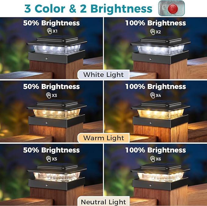 kolpop 4x4 Solar Post Cap Lights Outdoor 2Pack- 3 Color Temperatures& 2 Level Brightness, IP65 Waterproof, 16 LED Black Fence Deck Post Light Solar Powered Only for 4×4/3.5×3.5 Wood/Vinyl Posts