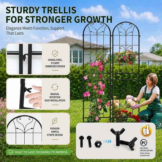2 Pack 87x20in Garden Trellises, Ornate Scrollwork Black Metal Coated Rustproof Trellis for Climbing Plants Outdoor, Roses, Vegetables, Vines, Cucumbers