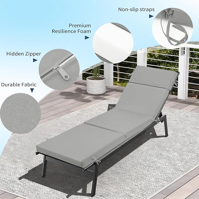 2 Pcs Outdoor Chaise Lounge Cushion 72" x 21" x 3", 4-Section Folding Patio Lounge Chair Cushion with Ties, Waterproof & Fade Resistant Replacement Cushion for Pool, Patio, Deck (Grey, 2 Pcs)