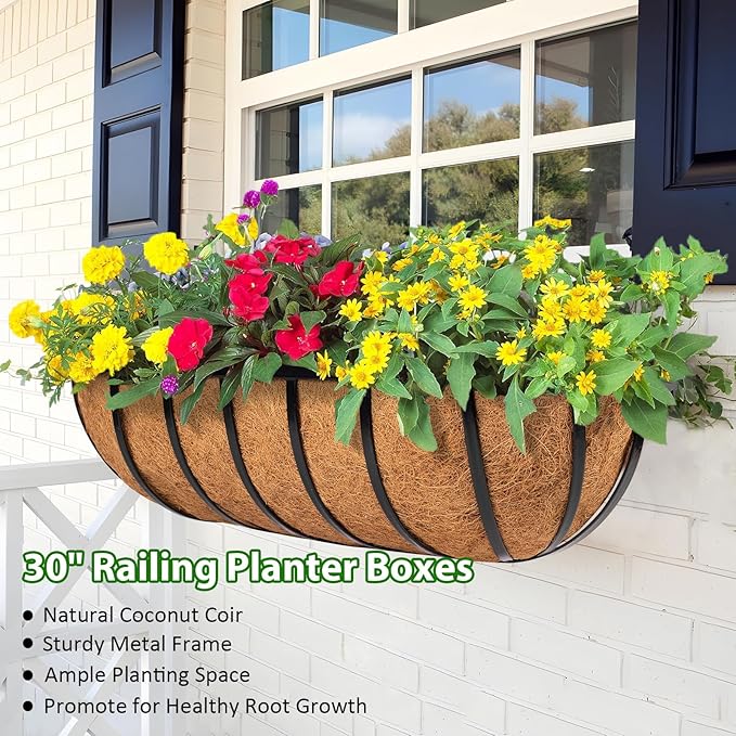 LCHUANG Railing Planter Window Box - 2 Pack 30 Inch Deck Balcony Rail Planter with Coconut Coir Liner, Fence Metal Hanging Flower Planter Basket Deck Railing Planter Boxes for Outdoor Garden
