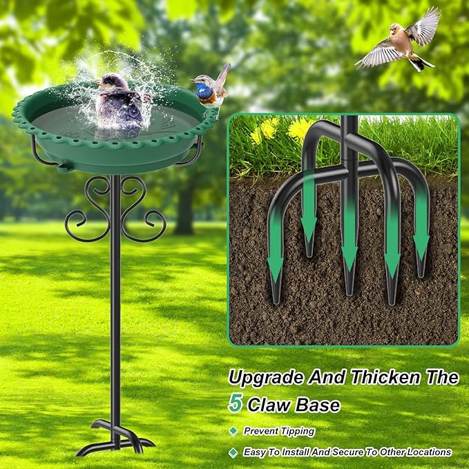 Bird Bath for Outside,40In Vintage Freestanding Bird Feeder Birdbaths for Outdoors, Bird Bath Detachable Plastic Bowl for Garden Patio Yard Lawn Decor, 5-Pronged Base & Easy to Clean (Green)