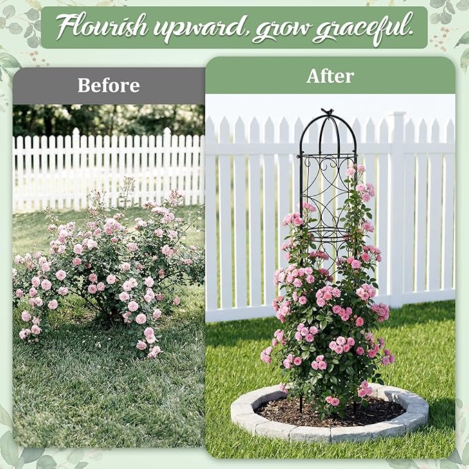 100% Metal 6.1 Ft Garden Obelisk Trellis for Climbing Plants, Rustproof Coated Floral Scrollwork Plant Support with Bird Finial, for Tomato, Rose, Grape, Cucumber, Vines, Indoor/Outdoor Black