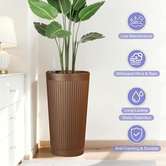 24in Tall Self-Watering Planters Set of 2, Brown | Water level indicator, Self-watering irrigation system, Non-toxic PP plastic, Weather Resistant, Indoor Outdoor Use