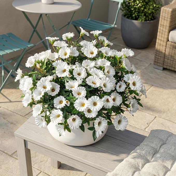 Artificial Flowers for Outdoor Window Box & Porch Decor, UV Resistant Faux Hanging Morning Glory Flowers for Patio, Balcony Cottage Garden Realistic Outdoor Floral 13.3" No Pot (White) 8PCS
