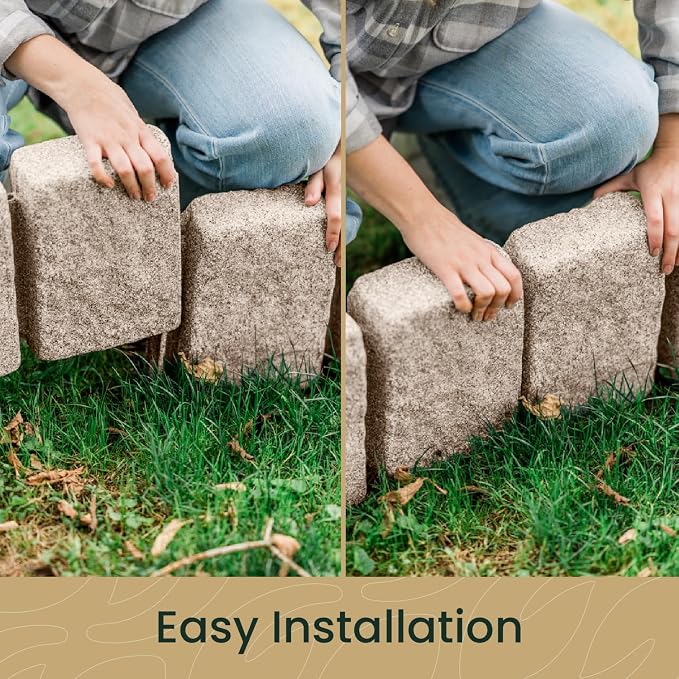 Beuta Landscape Edging | Garden Edging Border | Faux Stone Block XL for Lawn Edging, Flower Beds & Yard Edging – 10 Pack | Each Section Has 6 Blocks 48" L x 4" W x 9.5" H | 30 Spikes | Cobblestone
