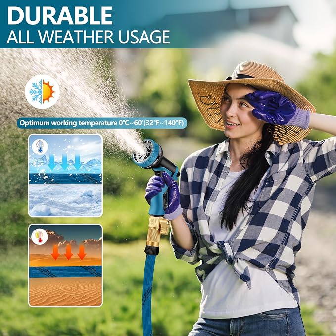 75ft Garden Hose - 2026 Ultra Lightweight Water Hoses w/10 Function Spray Nozzle and 3/4" Brass Fittings- Durable, & Flexible Water Pipe for Yard, Lawn, Outdoor & Gardening(Blue Black)