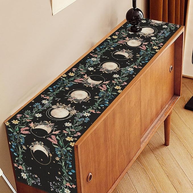 Boho Floral Table Runner, Spring Gothic Wild Flower Moon Phase Seasonal Bohemian Black Rustic Coffee Table Center Decor for Family Holiday Party Kitchen Outdoor Farmhouse Table Decorations, 13"x36"