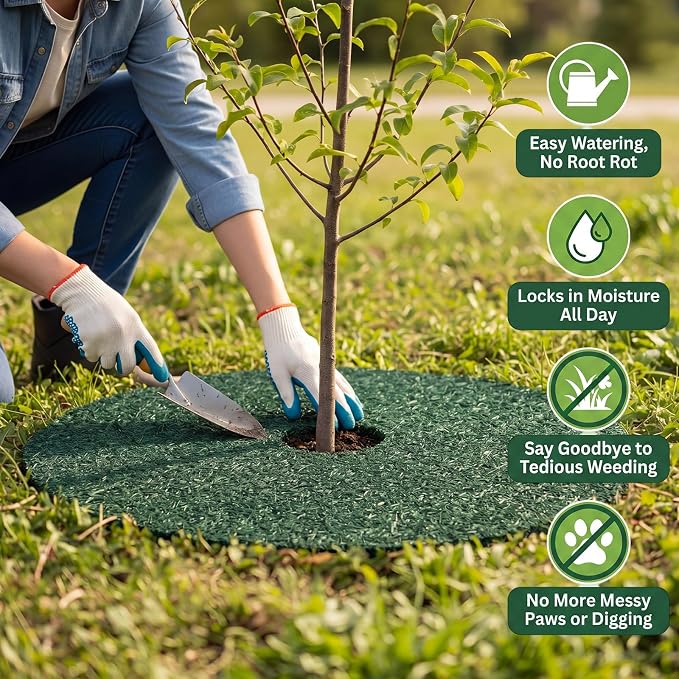 Peryiter 3 Pcs Double Side Rubber Mulch Tree Ring 24 Inch Heavy Duty Rubber Mulch Mat Tree Protector Weed Barrier Mats Reversible Round Root Ring for Prevent Weed Grass Animal Dig Dark Green Black
