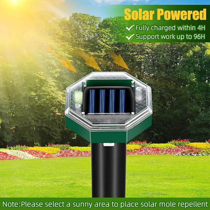 2026 Solar Mole Repellent for Lawns,Gopher Vole Repellent Ultrasonic Outdoor Mole Stakes Spike Deterrent for Yard, Solar Rodent Repeller for Moles Gophers Groundhogs Snakes Burrowing Animals, 8 Pack