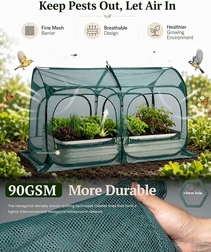 PORAYHUT All-in-One Raised Garden Bed and Crop Cage Kit, Metal Outdoor Planter Box with Protective Mesh Greenhouse Cover for Backyard Vegetables, Herbs, Flowers and Patio Gardening