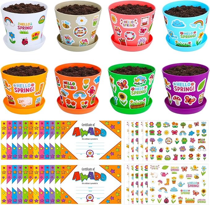 Domensi 30 Pack Garden Pot Craft Kit 4 Inch DIY Hello Spring Crafts for Kids Bulk Plastic Flower Plant Pot Plastic Planter with Tray Drainage Holes with Tag, Certificate of Award, Sticker
