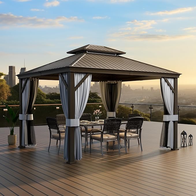PAMAPIC 10x12FT Premium Hardtop Gazebo, 2-Tier Galvanized Steel Roof with Aluminum Frame, UV-Proof Curtains & Mosquito Netting, All-Weather Outdoor Pavilion for Backyard, Garden & Parties,Brown
