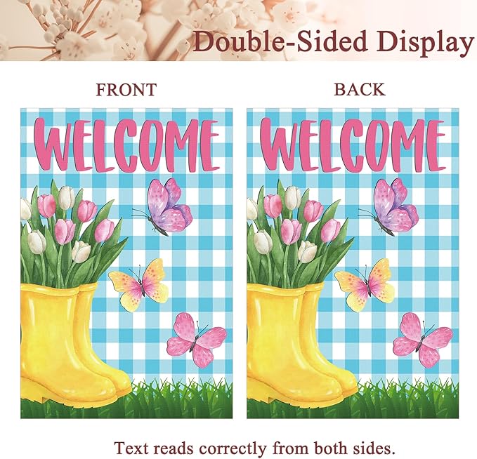 Spring House Flag 28"x40" Yellow Rain Boots with Tulips Butterflies Blue Gingham Welcome Double Sided Garden Decor for Yard Porch Outdoor