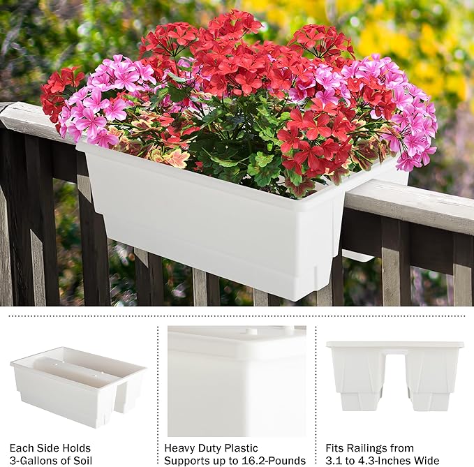 Railing Planter Box 2-Pack - 20.75-Inch Flower Boxes with Removable Drainage Inserts - 6-Gallon Outdoor Planters for Porch, Deck, or Balcony Decor, Fits Rail 3” - 4” by Pure Garden (White)