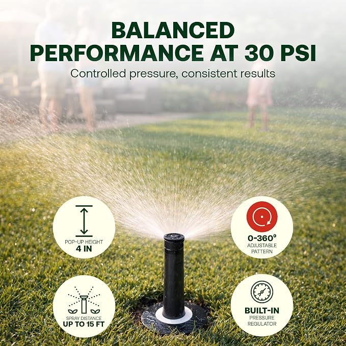 Rain Bird 1804APPRS Pressure Regulated 1800 Series Dual Spray 4 Inch Pop Up Sprinkler Head, 4 Pack - Water Efficient Lawn Sprinkler with 360 Degree Pattern, 1/2 Inch NPT, Up to 15 Ft Spray Distance