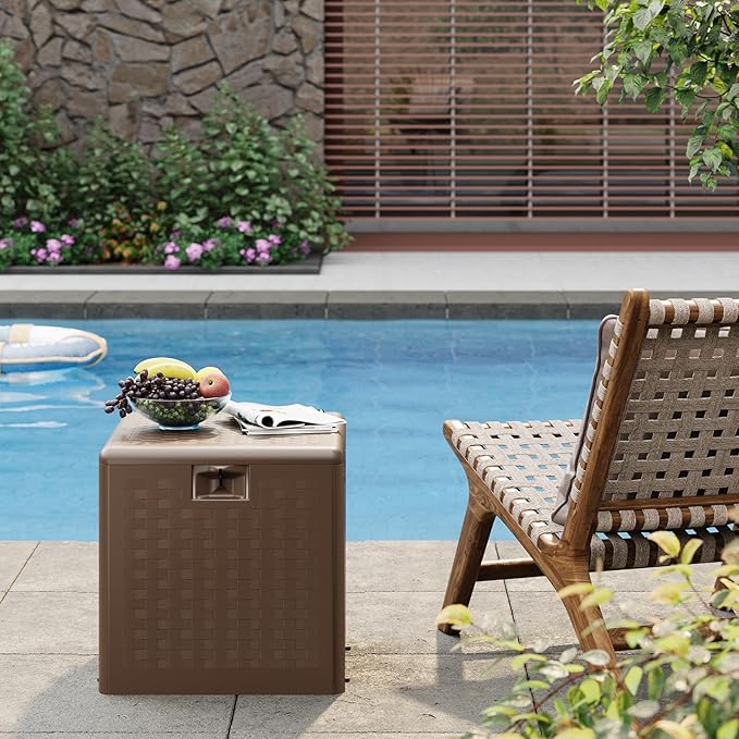 GarveeLife 28 Gallon Resin Deck Box, Weatherproof and UV Resistant Outdoor Storage Box, Lockable Outdoor Storage Bin for Patio Cushions, Garden Tools, Pool Supplies, Package Delivery, Brown