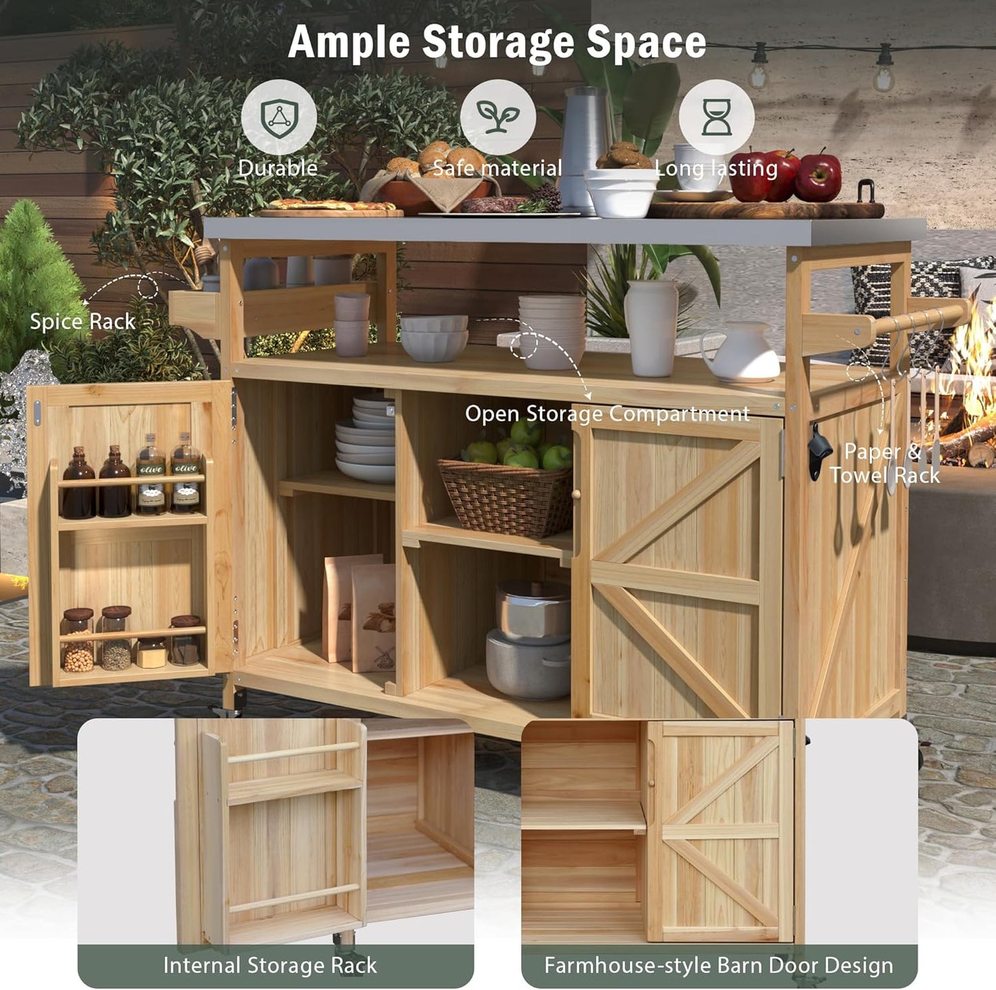 Outdoor Grill Carts for Patio Graden BBQ with Storage Cabinet, Home Rolling Kitchen Island Bar Cart with Stainless Steel Top, Food Prep Table with Shelves, Spice Rack & Towel Holder (Natural)