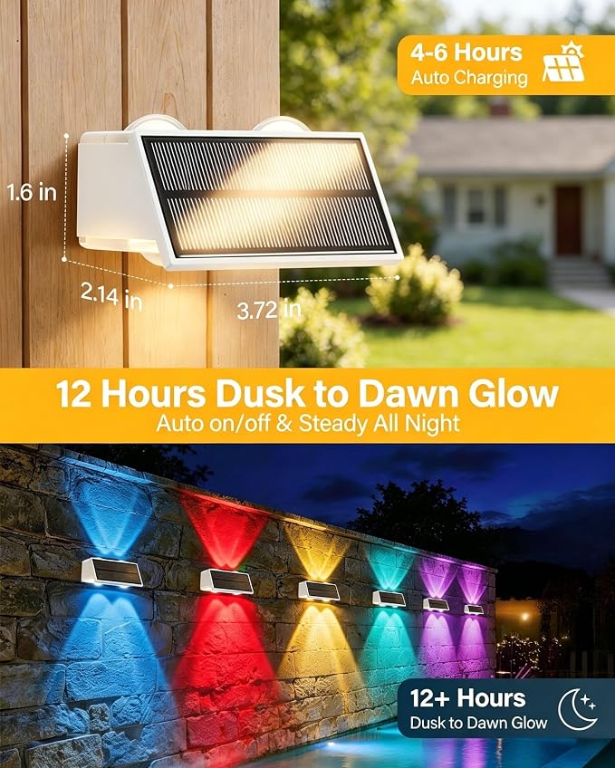 Solar Fence Lights Outdoor, 100LM Fence Lights Solar Powered, 9 Color Modes, Up and Down LED Focused Beam, 12H Dusk to Dawn Glow for Pool/Patio/Wall/Backyard - 2 Pack, Pure White