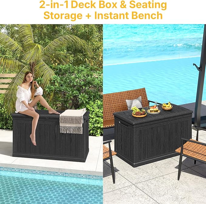 Skepphlay 230 Gallon Deck Box Large Outdoor Storage Box, Black Waterproof Deck Storage Bench, 440 lbs Load Capacity Outdoor Storage Bin for Garden, Patio, Pool, Boat