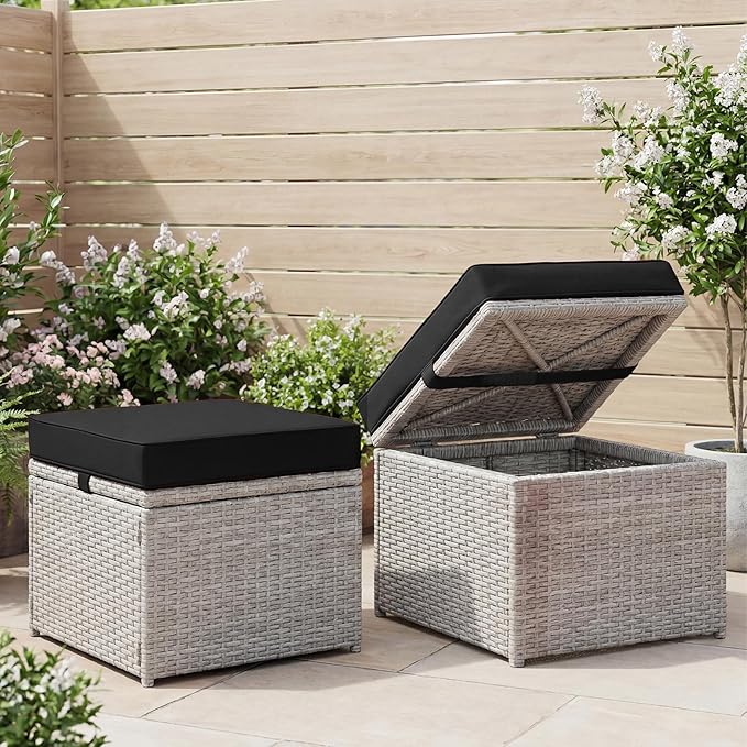 DoubleFill 2 Pcs Outdoor Ottoman Cushion 23"x19"x3" Waterproof Fade Resistant Outdoor Footstools Cushion Removable Patio Ottoman Cushions with Adjustable Fixing Strap for Stool (Black)