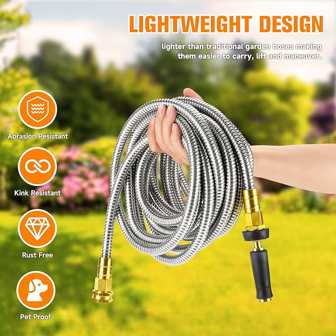 Rosy Earth Expandable Metal Garden Hose 50 FT - 304 Stainless Steel Water Hose 50 FT - Lightweight non Kinking Flexible Garden Hose, no Bite