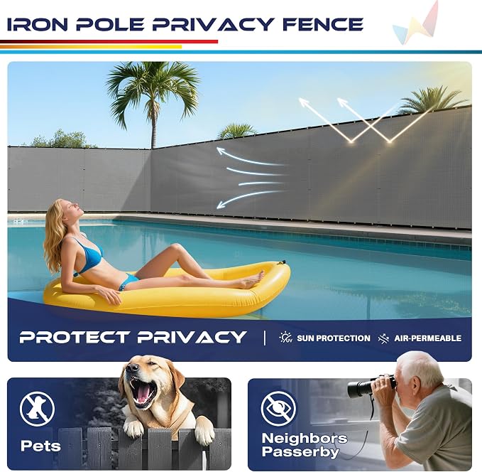 Windscreen4less Outdoor Privacy Fence Screen, 5'x96' Freestanding Privacy Fencing Set with Iron Poles and Ground Spikes, UV Resistant Mesh Cover Garden Pet Fencing for Backyard Patio Pool, Light Gray