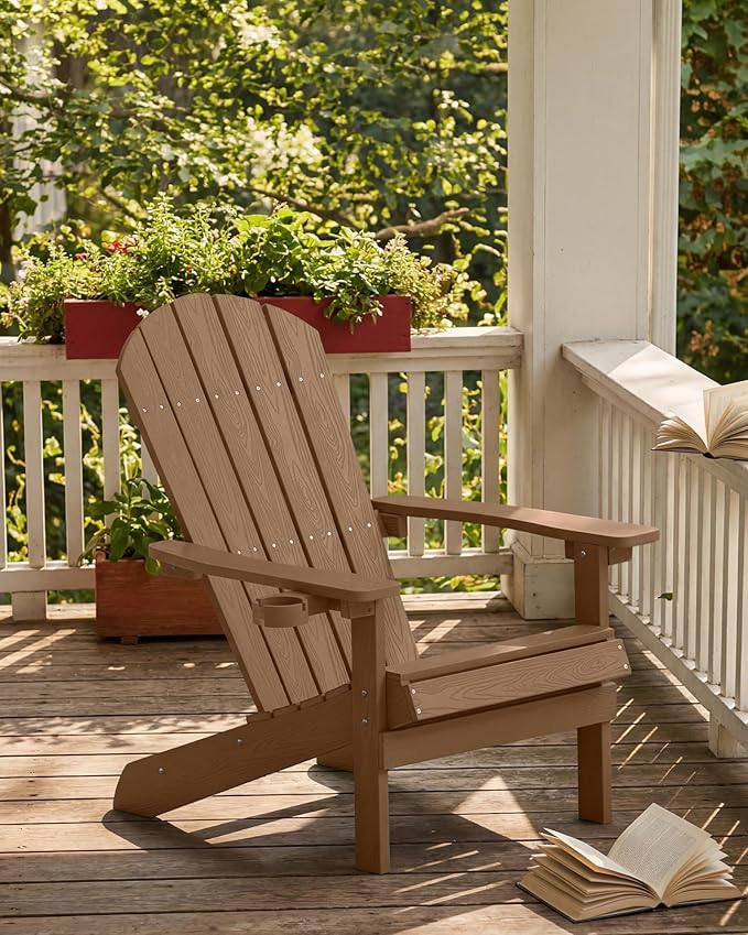 YEFU Adirondack Chairs Set of 4: Outdoor Chair HIPS Plastic Adirondack Chairs - Patio Chairs with Cup Holder & Wood Texture - Lawn Fire Pit Deck Porch Garden Chairs for Adults (Teak)