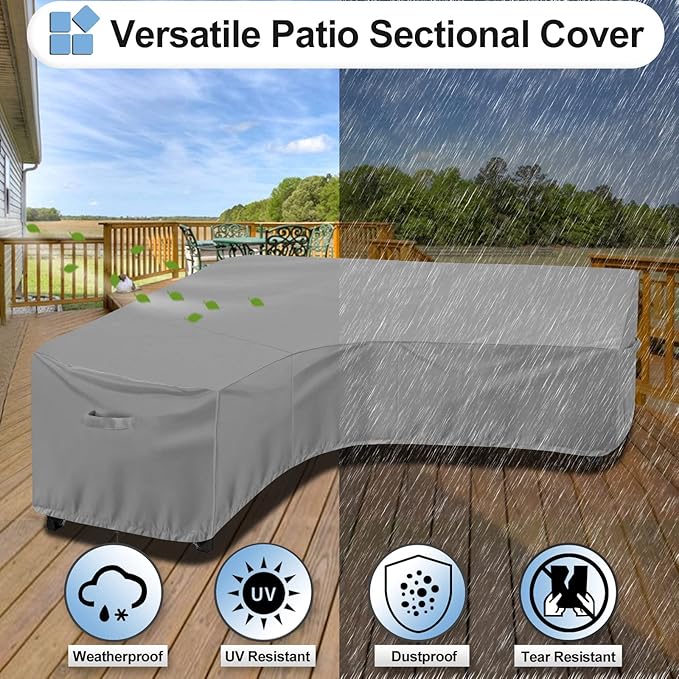OutdoorLines Waterproof Outdoor Patio Sectional Cover - UV Resistant & Windproof V-Shaped Patio Furniture Covers for Deck, Lawn and Backyard, 420D Heavy Duty Couch Cover 118" L (on Each Side) Grey