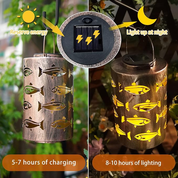 HONGLAND Solar Lanterns Outdoor Father Day Birthday Gifts for Women, Waterproof Hollowed-Out Fish Design with Warm White LED, Auto On/Off Solar Hanging Lights for Garden, Patio, Porch Decor