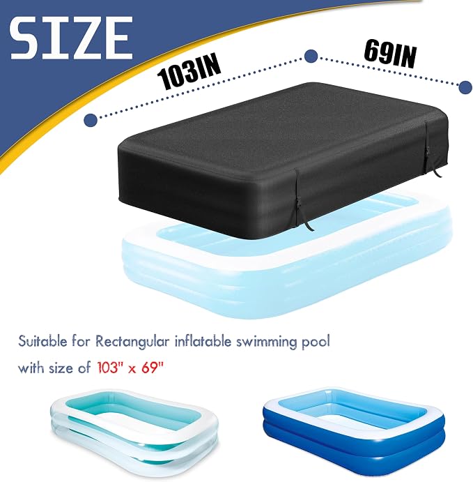 Rectangular Pool Cover for Inflatable Pool, Upgrade Design 420D Heavy-Duty Waterproof Oxford Pool Cover for Above Ground Rectangular Inflatable Swimming Pool with Windproof Buckle (103x69x20IN)