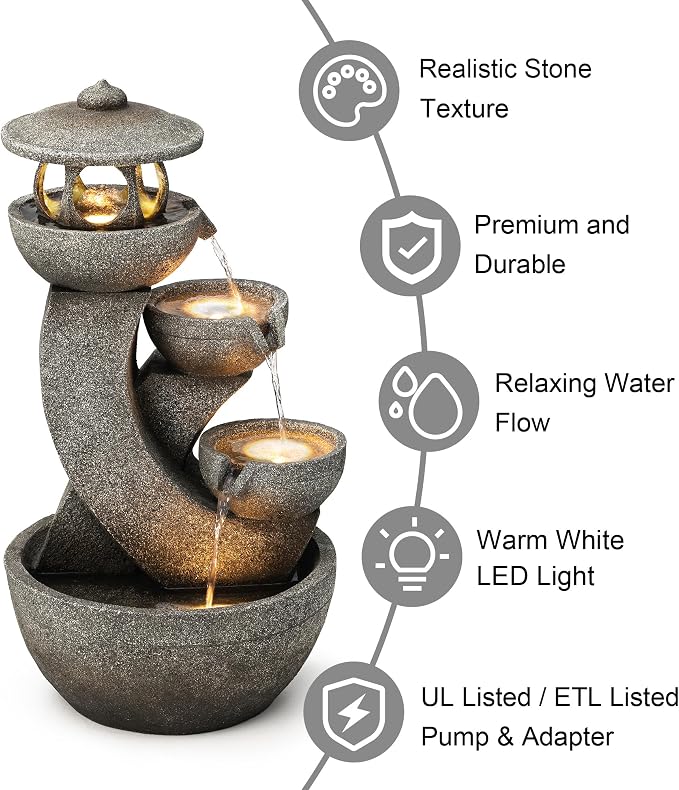 Glitzhome Pagoda Outdoor Water Fountain with LED Light, 4-Tier Oversized Cascading Stacked Stone Waterfall Fountains, Natural Stone Look Outdoor Fountain for Garden Patio Porch, 32”H