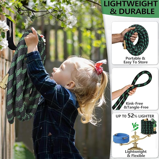 25 ft Non-Expandable Garden Hose, Flexible Ultra Lightweight Durable, Kink-Free Water Hose with 10 Function Sprayer - Non-Tangle,Puncture Proof pipe, Easy to Store, All-Weather Use Garden Hoses