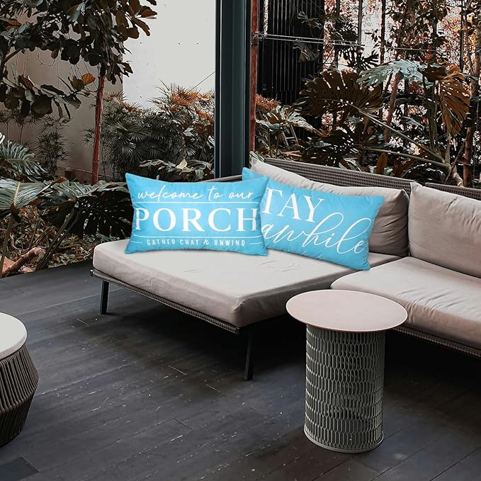 TAJWE Blue Outdoor Pillow Covers Waterproof 12x20 Set of 2 Welcome to Our Porch Stay Awhile Cushion Cases for Patio Furniture Sofa Couch Decor