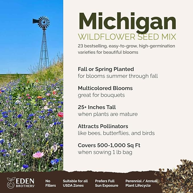 Eden Brothers Michigan Wildflower Mixed Seeds for Planting, 1 lb, 480,000+ Seeds with Cornflower, Sweet William, Cosmos | Attracts Pollinators, Plant in Spring or Fall, Zones 3, 4, 5, 6, 7, 8, 9, 10