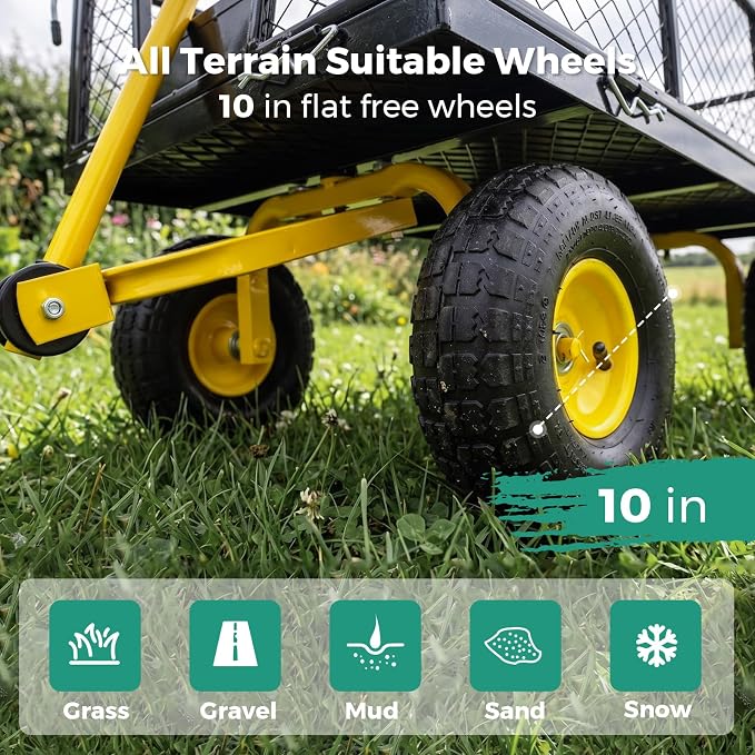 SUNNYFEEL 900 LBS Heavy Duty Steel Garden Cart, Utility Garden Wagon Cart with 10" Flat-Free Wheels and Removable Sides, All Season Yard Cart with 180° Adjustable Handle