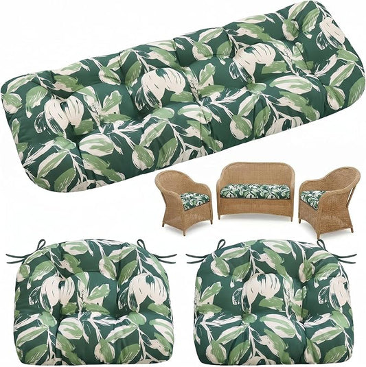 1 MIDDLE ONE Wicker Chair Cushions 3 Pieces Set for Outdoor Furniture, Replacement Patio Wicker Furniture Cushions, 1Pc Loveseat Cushion & 2Pcs Chair Cushions (Green Tulip)