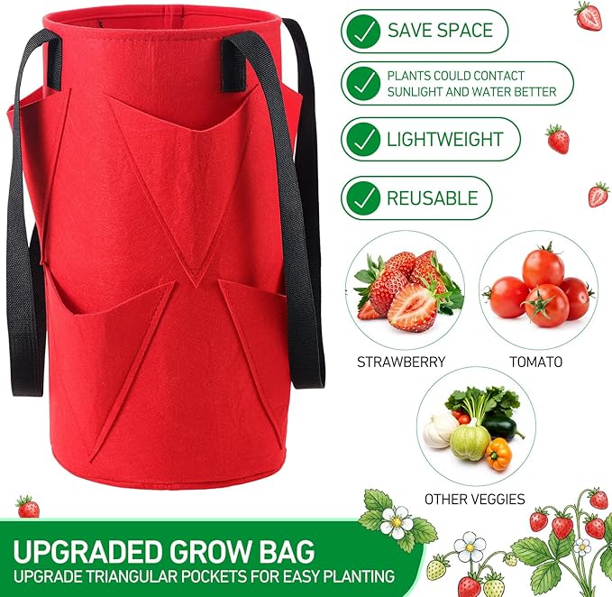 SATINIOR 10 Pack Upside Down Strawberry Planter Set Hanging Vegetables Grow Bags with 10 S Hooks, 3 Gallon Fabric Planting Bags for Easy Vertical Gardening(Red)