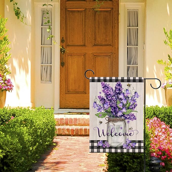 Hzppyz Welcome Spring Summer Floral Flower Garden Flag Double Sided, Hyacinth Canterbury Bells Decorative Yard Outdoor Home Small Decor, Mason Jar Plaid Farmhouse Outside House Decoration 12 x 18