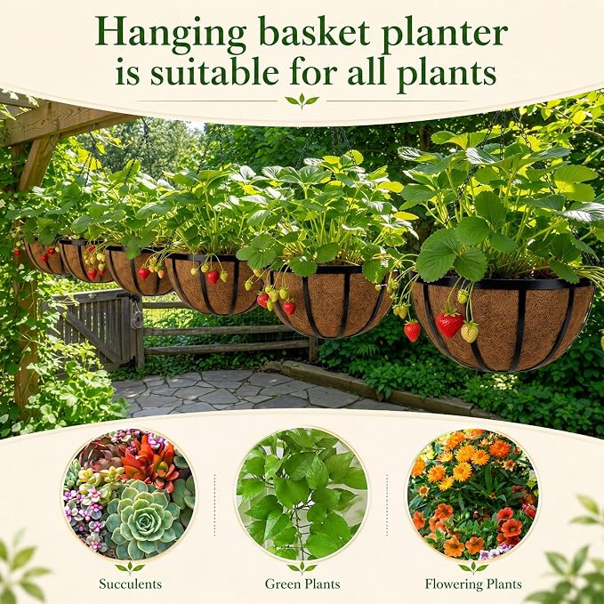 Didaey 8 Pcs Metal Hanging Basket with Coconut Coir Liner Hanging Flower Basket with Chain Indoor Outdoor Plant Flower Pot 14 Inch Round Wire Plant Holder for Garden, Patio, Deck, Porch Garden Decor