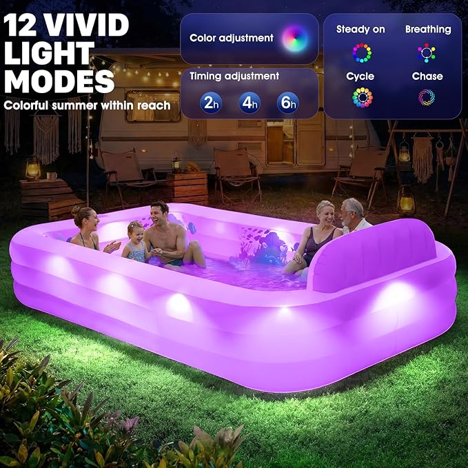 Extra Large Inflatable Pool With Lights,Upgraded Solar Powered Blow Up Pool For Adults,Inflatable Kids Swimming Pool with Seat& Backrest,Big Inflatable Kids Pool For Backyard,120x73x20IN-White