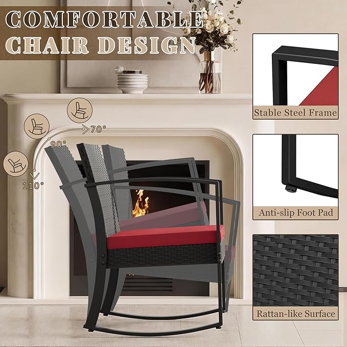 Homall Patio Furniture Set 3 Piece Resin Outdoor Bistro Set Rocking Patio Chairs with Cushions and Table for Porch, Poolside, Balcony and Yard (Red)