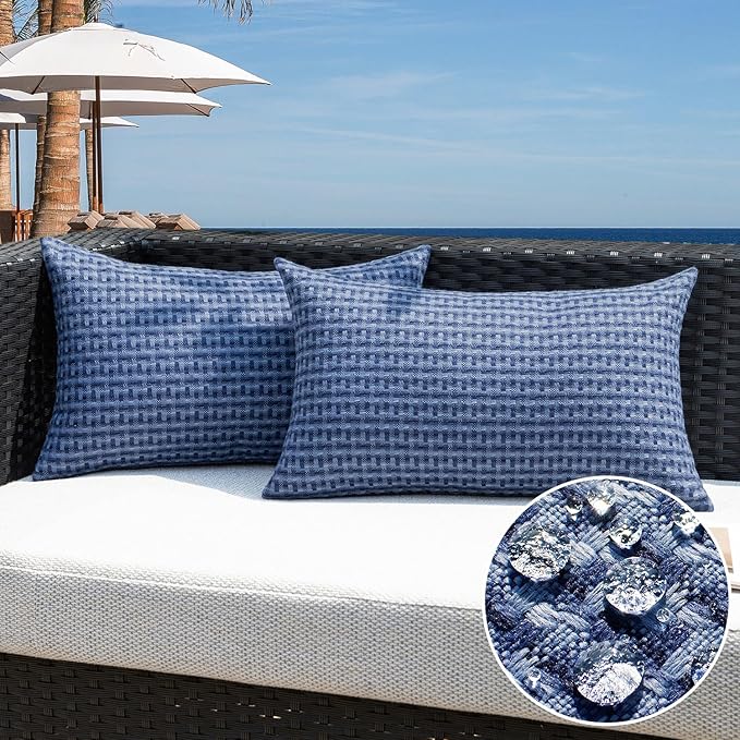 Kevin Textile Outdoor Waterproof Throw Pillow Covers Pack of 2 Boho Farmhouse Decorative Lumbar Cushion Covers for Garden Patio Tent Balcony Bench Couch Sofa 14x24 Inch, Navy Blue