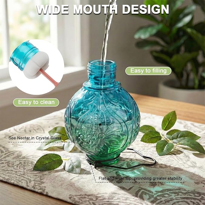 Glass Hummingbird Feeder for Outdoors Hanging, 25Oz Humming Bird Nectar Feeders with Perch & 5 Flower Feeding Ports, Leak Proof for Outside Garden Decor, Gifts for Women (Green & Blue)